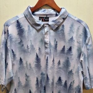 Yatta Golf Polo Shirt Mens XL Blue Forest Nature Print Short Sleeve Golf